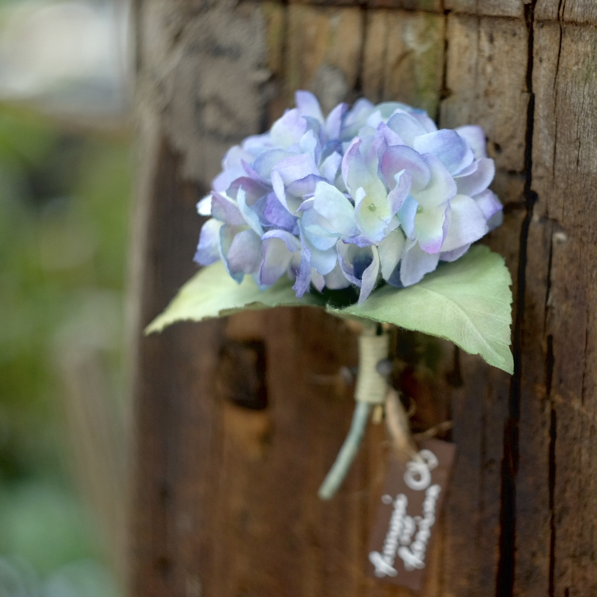 帽子コサージュ あじさい 染め布花 冬の紫陽花 雨上がりの庭