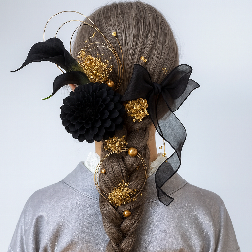 【金箔・水引付き】黒金 髪飾り 成人式 卒業式 結婚式 黒 リボン ダリア＆カラー 大人モード 上品 ヘアアクセ ヘッド