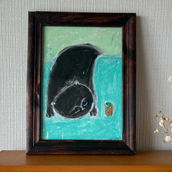 絵画。原画【手の中の紫色のアサガオ、かわいい黒猫とウサギ