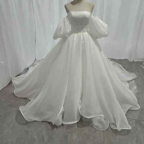 パーティードレス ベアトップ パフスリーブ 楊柳オーガンジー ロング  