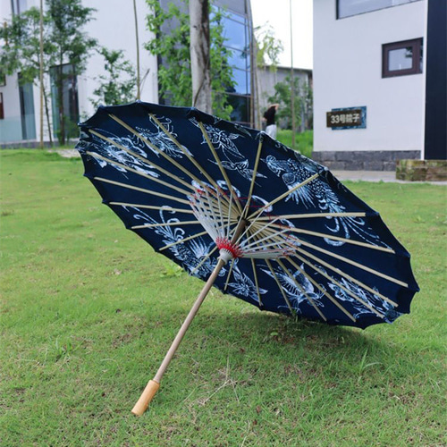天然藍染・手作り竹傘】草木染め 藍染布使用 蝋染め工芸 和風