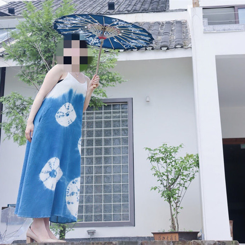 天然藍染・手作り竹傘】草木染め 藍染布使用 蝋染め工芸 和風