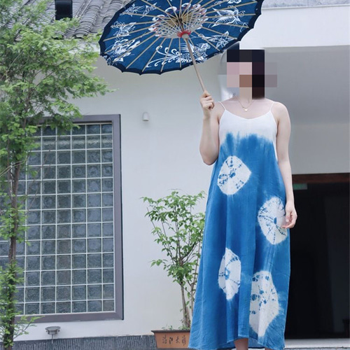 天然藍染・手作り竹傘】草木染め 藍染布使用 蝋染め工芸 和風