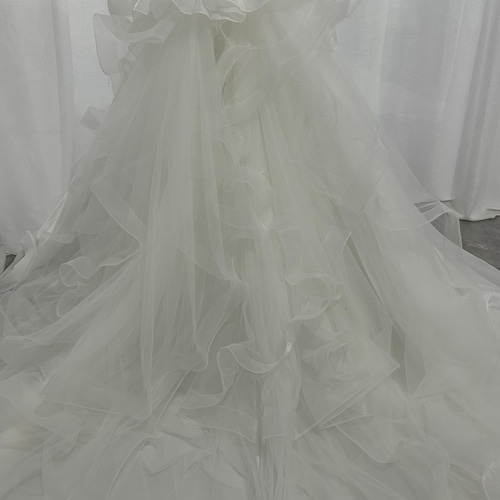 パーティードレス ベアトップ パフスリーブ 楊柳オーガンジー ロング  