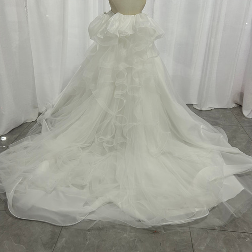 パーティードレス ベアトップ パフスリーブ 楊柳オーガンジー ロング  