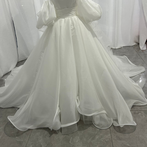 パーティードレス ベアトップ パフスリーブ 楊柳オーガンジー ロング  