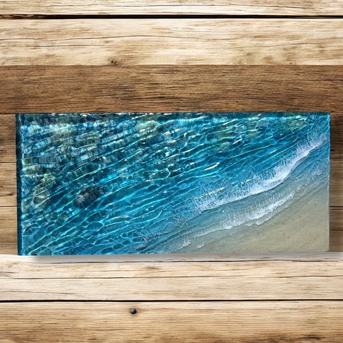 『沖縄の海を感じる』ウミガメが泳ぐ離島の海・オーシャンレジンアート／立体アート N013「顔を出したウミガメ」☆超立体 沖縄の海 レジンアート