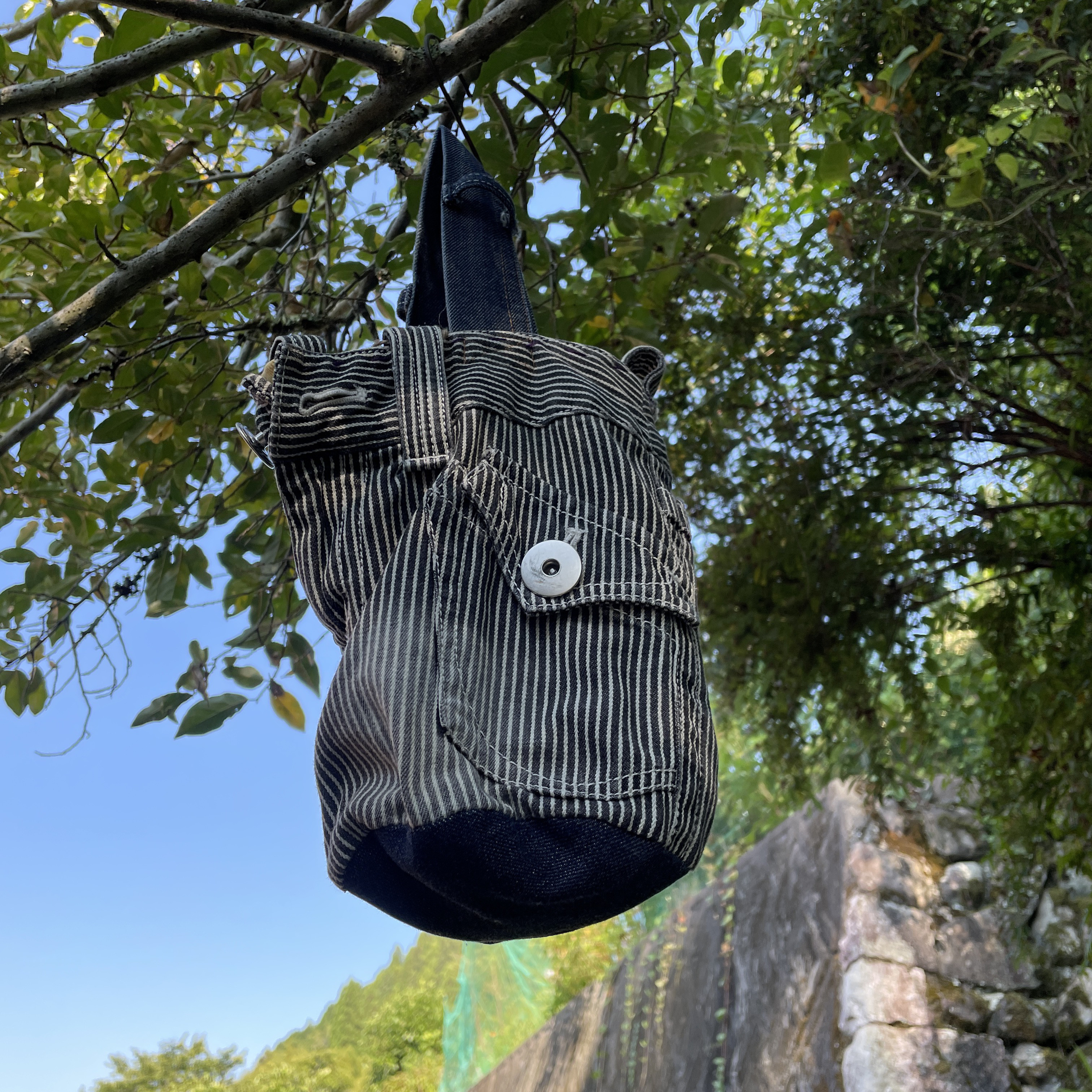 リメイクデニムハンドバッグヒッコリーストライプ丸底bag-0006