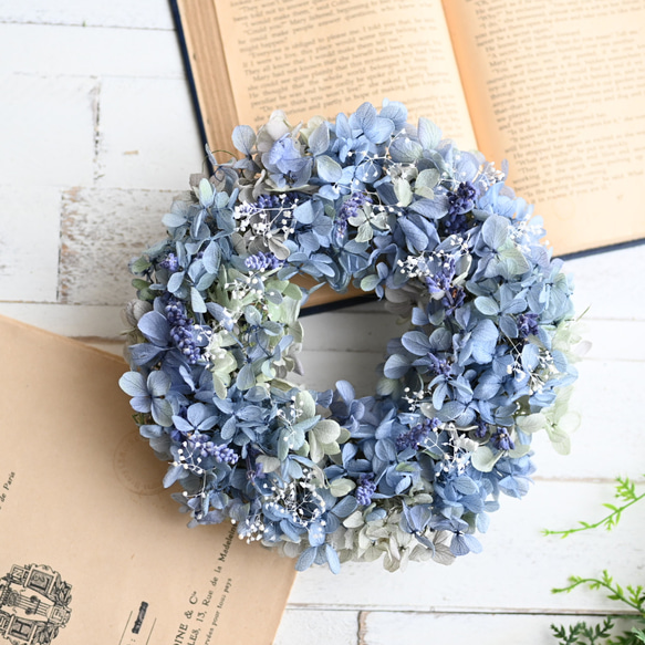 なついろ紫陽花のリースmini＊18センチ　ブルー&グリーン 1枚目の画像