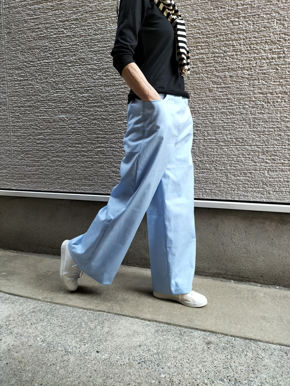 ♥夏色ベイビーブルー♥細見え♥コットン・ワイドパンツ【丈長め】 1枚目の画像