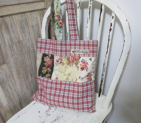 アンティーク アンティークホームスパンリネン＆フレンチファブリックトートバッグ
