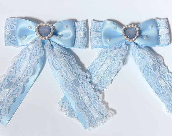 パールハート リボンヘアクリップ 水色♡量産型地雷系ハンドメイド