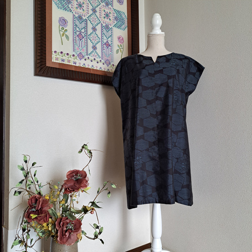 ☆ 着物リメイク/大島袖/フレンチスリーブ/チュニック/ワンピース/正絹