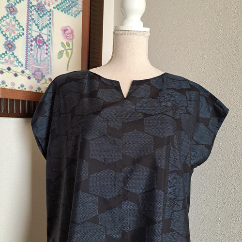 ☆ 着物リメイク/大島袖/フレンチスリーブ/チュニック/ワンピース/正絹