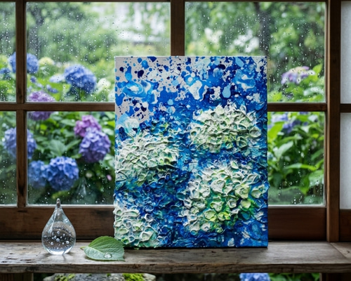 初夏の雫】3Dテクスチャーアート / 紫陽花カラーのモダン油絵 絵画