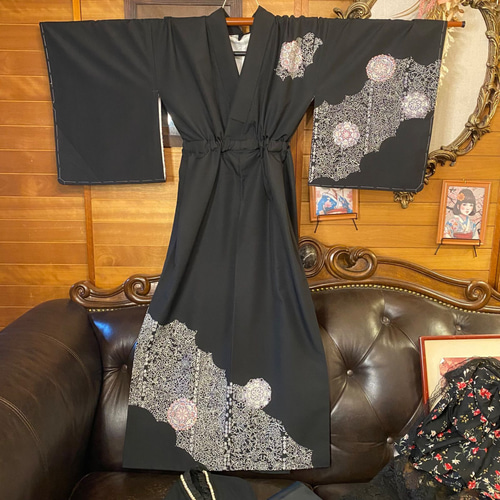 彩　着物リメイク♪ 艶やか袋帯と着物からロングワンピース❣️鶴 12604】 着物リメイク 留袖 ロングコート 刺繍 鶴 雲模様 | 羽織