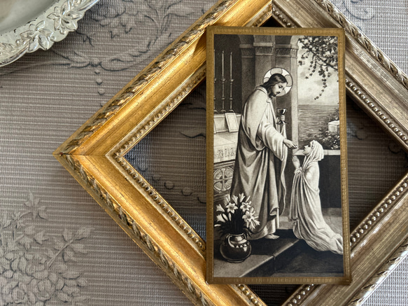 フランスアンティーク Holy Card ホーリーカード 百合 聖杯 エンボス