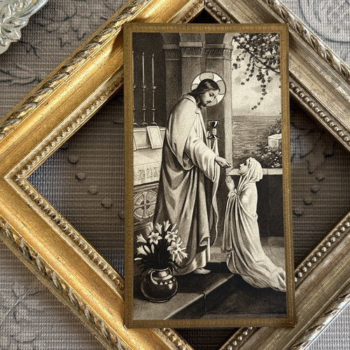 フランスアンティーク Holy Card ホーリーカード 百合 聖杯 エンボス