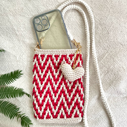 スマホショルダー 春夏☆ beige&red シェブロン柄のかぎ針編み 3枚目の画像