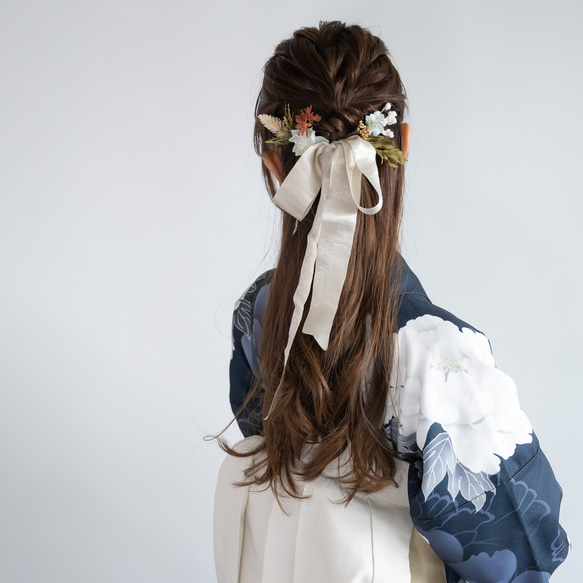 卒業式袴リボン髪飾りJ】ハーフアップヘアアレンジ/ネイビー/グレー