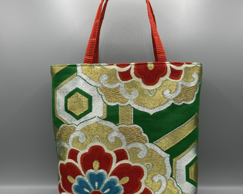 着物 帯 帯締め リメイク トートバッグ ハンドメイド 緑 トートバッグ