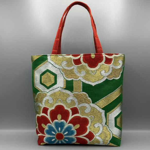 着物 帯 帯締め リメイク トートバッグ ハンドメイド 緑 トートバッグ