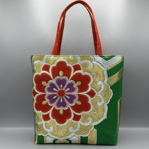 着物 帯 帯締め リメイク トートバッグ ハンドメイド 緑 トートバッグ