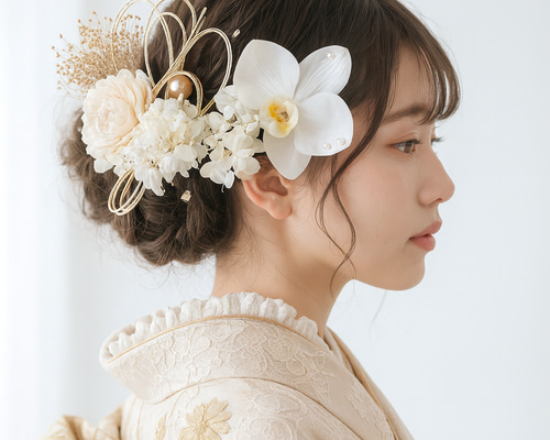 送料無料【胡蝶蘭と白花の髪飾り】プリザーブドアジサイ×金水引×パール