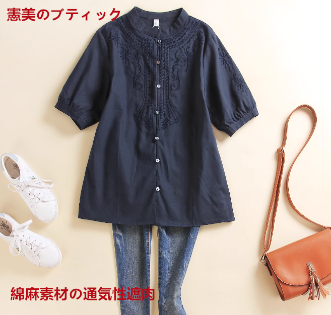 刺繍綿麻シャツ半袖ミディアムお尻隠しリネンブラウススタンドカラーシャツトップス夏女