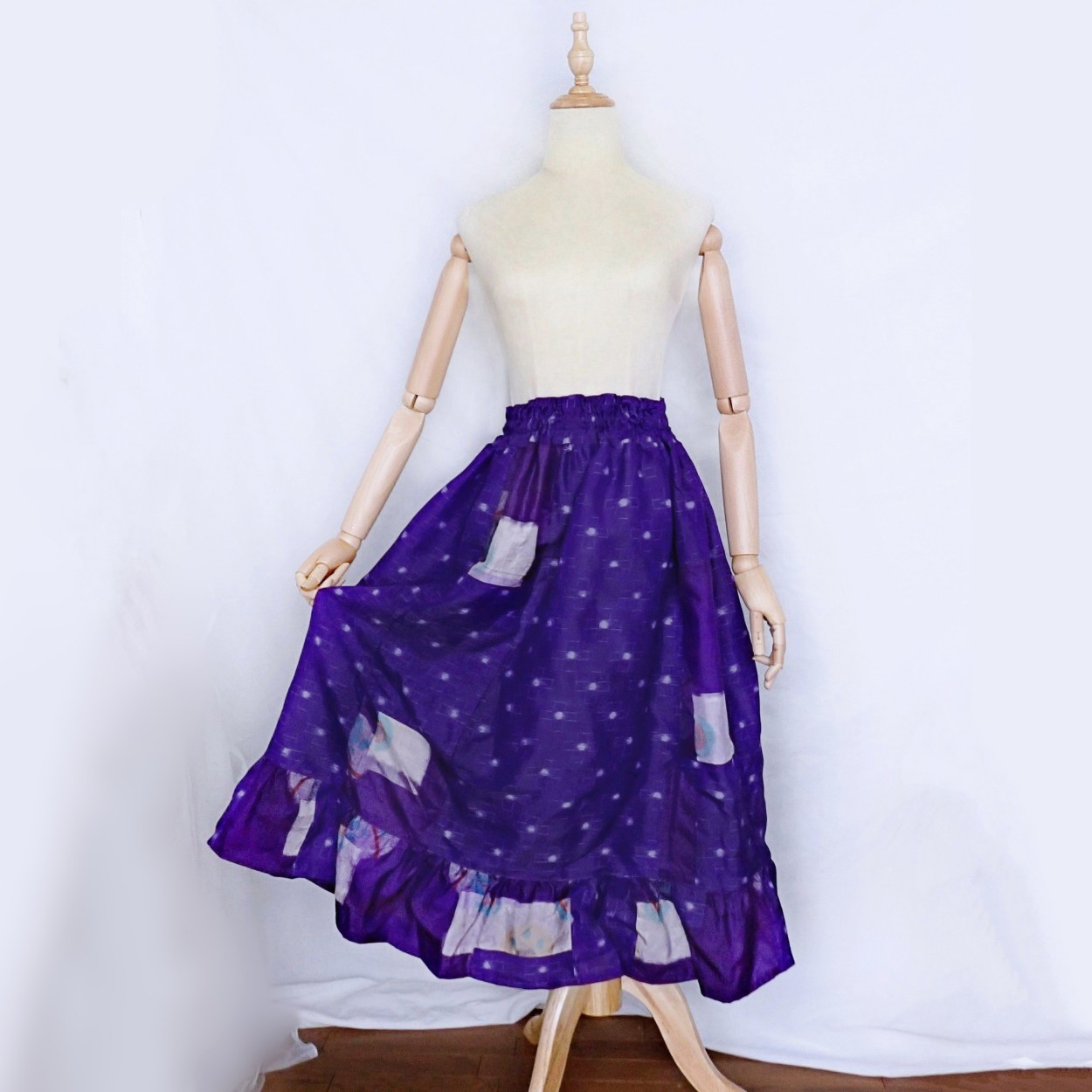 着物リメイク　銘仙の継ぎ接ぎゴムギャザースカート【一点もの】フリーサイズ♪アンティーク・ヴィンテージ着物を使用