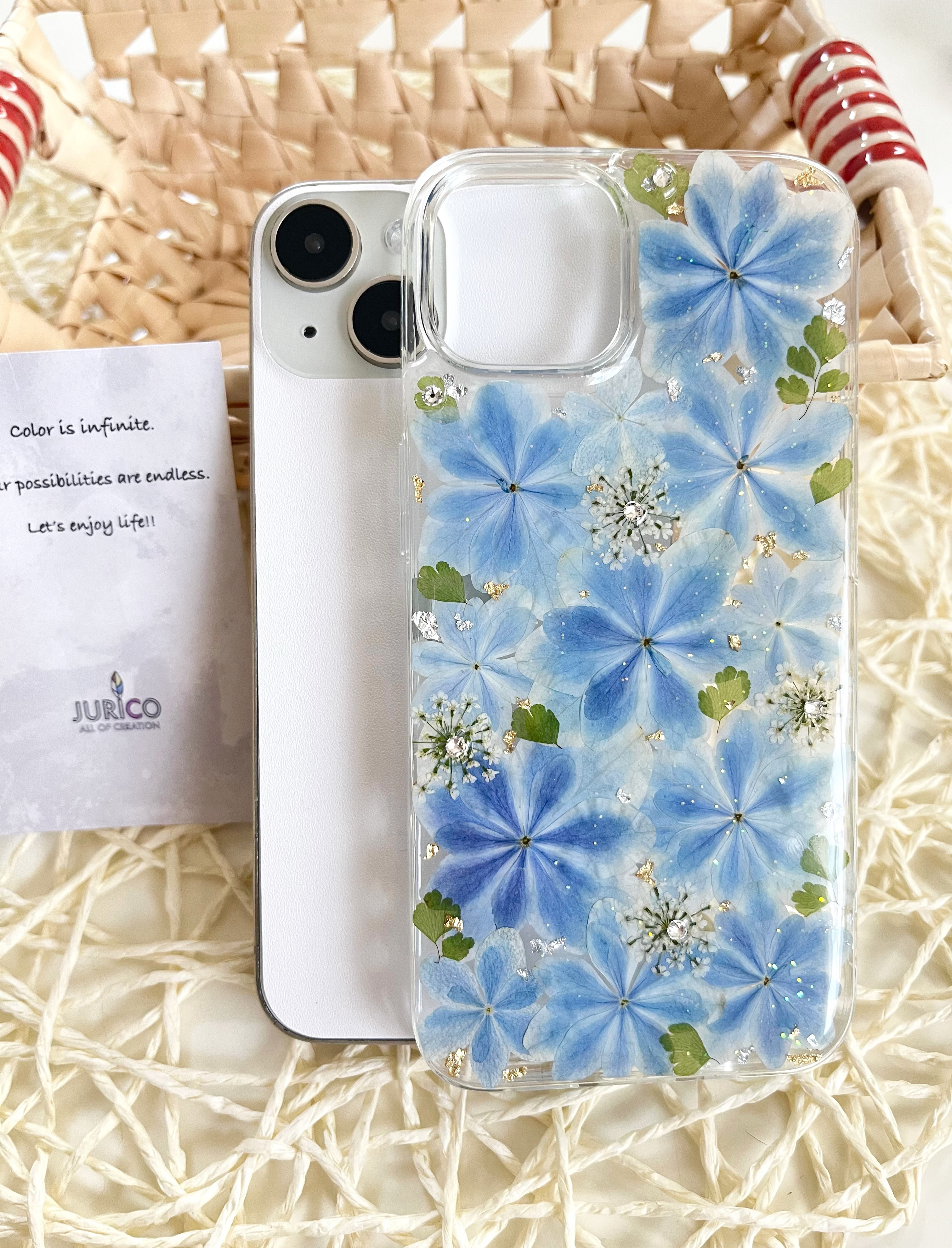 万華鏡紫陽花の花手水風押し花スマホケース　全機種対応/iphone/GALAXY/AQUOS/xperia/pixel