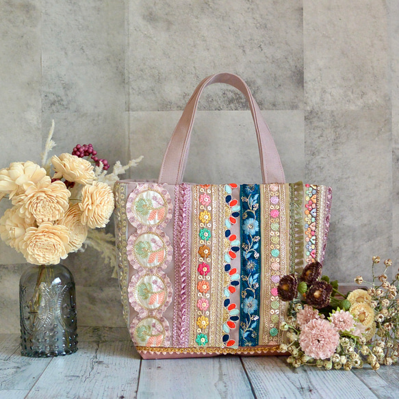 美しいインド刺繍リボンのトートバッグ②【Sサイズ】 16枚目の画像
