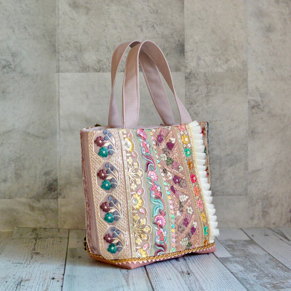 美しいインド刺繍リボンのトートバッグ②【Sサイズ】 5枚目の画像