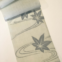 【新品】麻45%混半衿（流水に紅葉）い　春 夏半衿  三つ折り縫い リネン混　縮半襟　　小千谷　 3枚目の画像