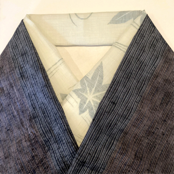 【新品】麻45%混半衿（流水に紅葉）い　春 夏半衿  三つ折り縫い リネン混　縮半襟　　小千谷　 5枚目の画像
