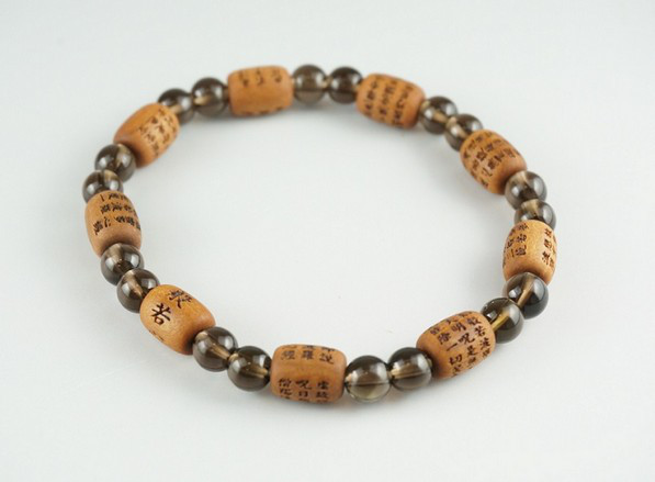 腕輪 インド白檀　般若心経彫入り　茶水晶　ブレスレット　数珠　念珠　京都 UDA116