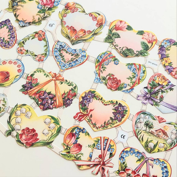 2シート　ドイツ製　クロモス　ハートとお花　(チューリップ　スズラン　薔薇　お日様) 1枚目の画像