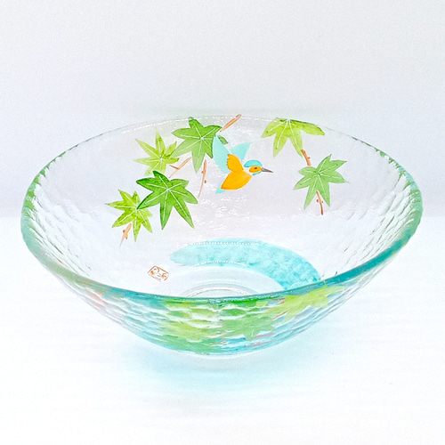 ガラス茶碗『青楓にカワセミ・めだか』京絵付けガラス 耐熱性 翡翠