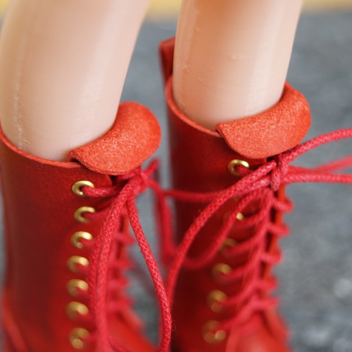 本革：1/6ドールシューズ／編み上げロングブーツ レッド／オビツ24