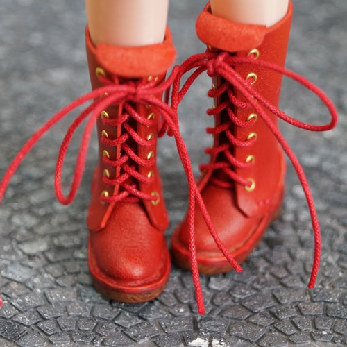 本革：1/6ドールシューズ／編み上げロングブーツ レッド／オビツ24