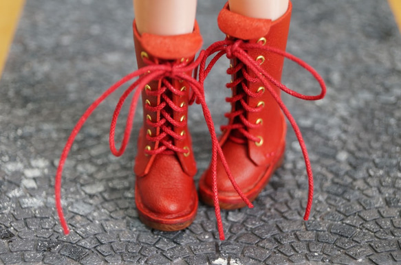 本革：1/6ドールシューズ／編み上げロングブーツ レッド／オビツ24