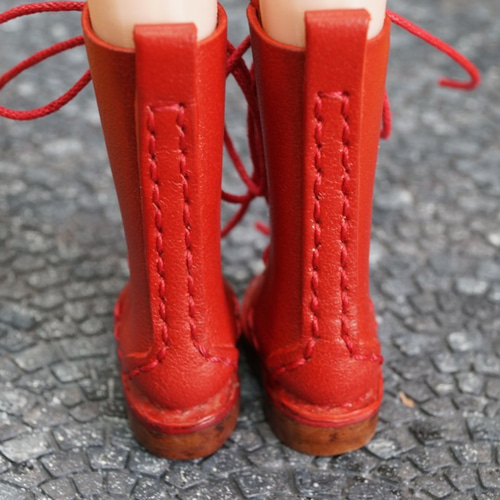 本革：1/6ドールシューズ／編み上げロングブーツ レッド／オビツ24