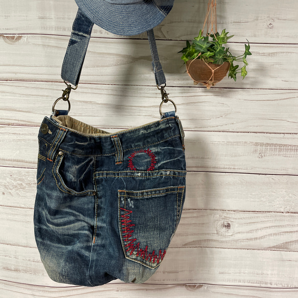 おおきな丸底リメイクデニムバケツ型ショルダーバッグbag-0009