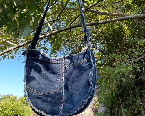 リメイクデニム 切りっぱなしフリンジ ショルダーバッグbag-0011