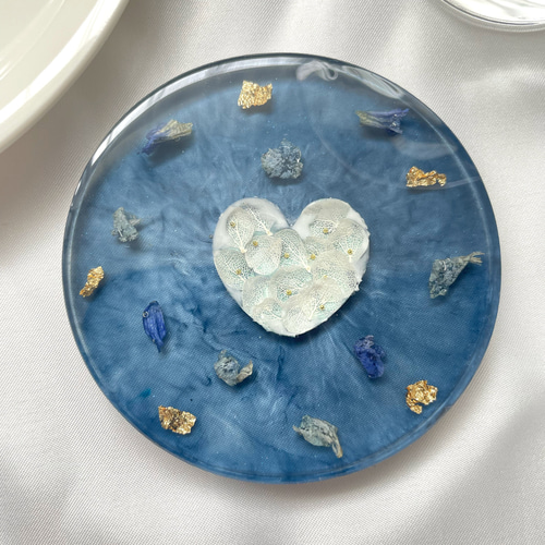 紫陽花レジンコースター ブルー 金箔 押し花ドライフラワー リング