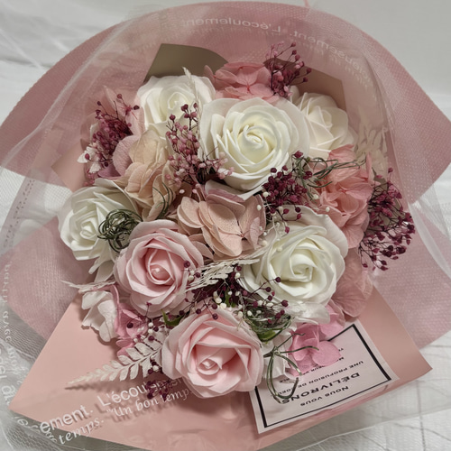 バラ7本と紫陽花の花束 ピンク ソープフラワー アートフラワー ++Tiny