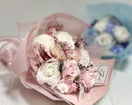 バラ7本と紫陽花の花束 ピンク ソープフラワー アートフラワー ++Tiny