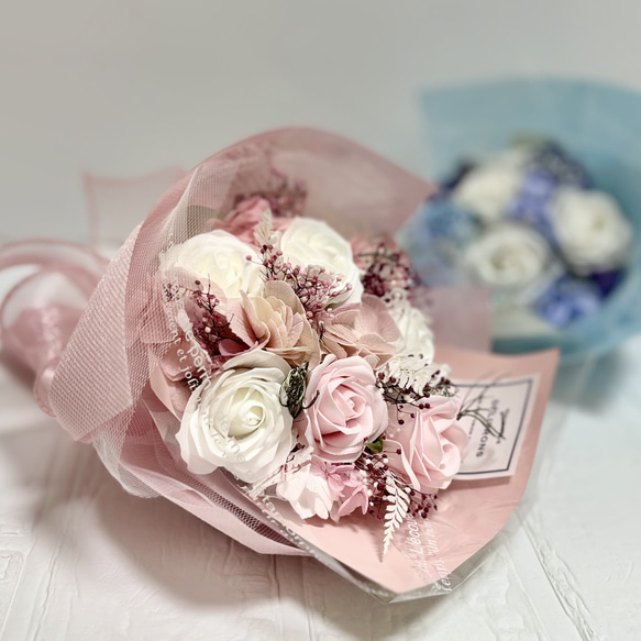 バラ7本と紫陽花の花束 ピンク ソープフラワー アートフラワー ++Tiny