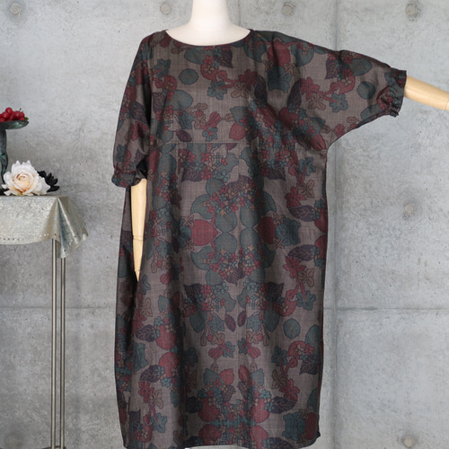 紬のワンピース ゆったり目 ドロップショルダー 着物リメイク