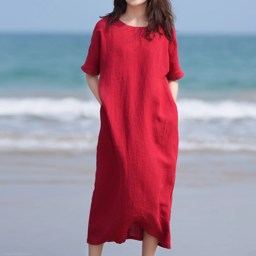 パラスパレス赤のワンピース　麻100% ♪上品.100％亜麻（麻）赤いワンピース・タイドウエスト ゆったり